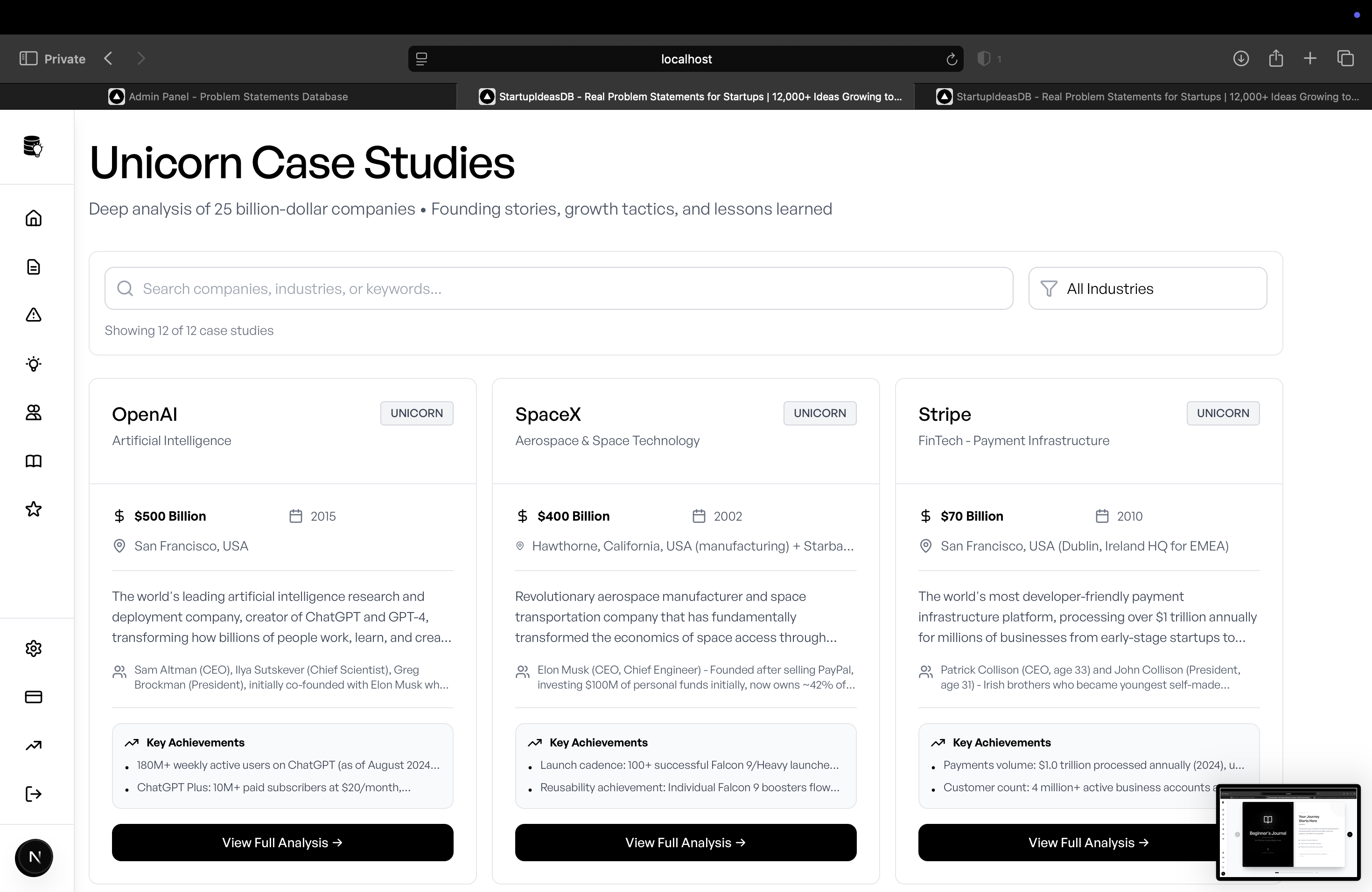 Unicorn Case Studies Interface
